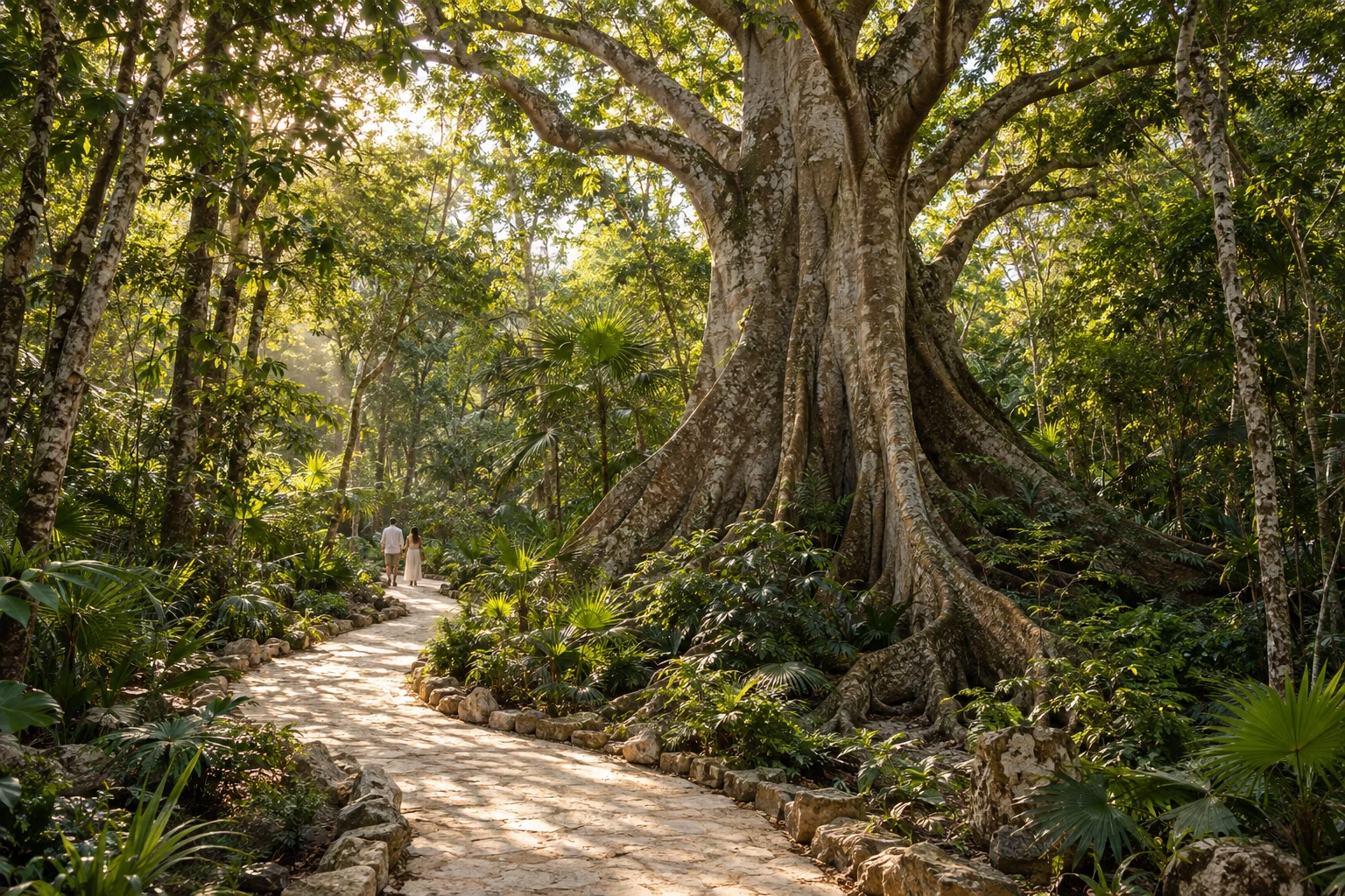 Un sendero de piedra entre árboles y dos personas caminando en un bosque.